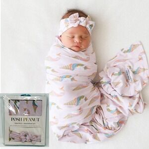 Posh Peanut Unicorn Ice Cream Cone Swaddle & Headwrap Bow Bamboo Viscose Set New